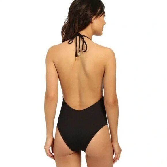 Shoshanna Embossed Rhombus Lattice Front Textured Black Swimsuit Maillot - Picture 2 of 8